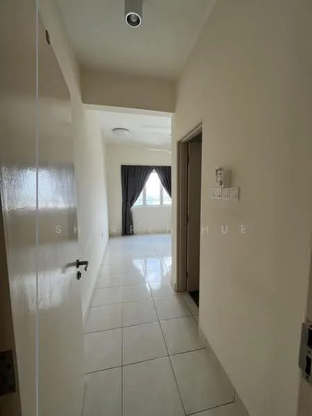 Room features: white painted walls, glossy tile flooring, recessed ceiling lights, curtains on window, doorway leading to another room, window with city view, neutral color scheme; style: modern; view: city.