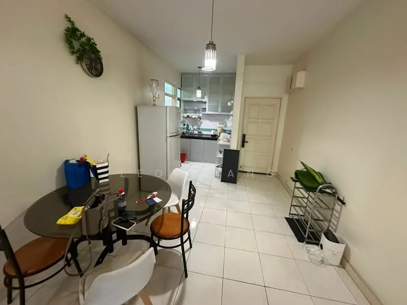 Kitchen features: white painted walls, tile flooring, ceiling light fixture, round dining table, 4 dining chairs, stainless-steel fridge, kitchen cabinets, countertop, sink, kitchen appliances, open layout to living area; style: modern.