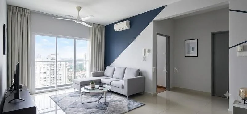 Living features: 3-seater fabric sofa in light grey, coffee table, TV console, wall-mounted TV, area rug with geometric pattern, floor-to-ceiling windows, curtains, ceiling fan with light, wall-mounted air conditioning unit, light grey painted walls, dark blue accent wall, cream tiled flooring; style: modern; view: city.