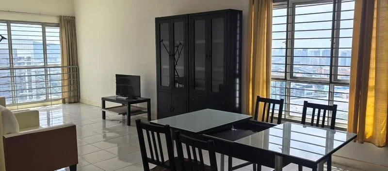 Living features: floor-to-ceiling windows, grey tiled flooring, white painted walls, black cabinet, glass-top dining table, 4 black dining chairs, 2-seater fabric sofa in beige, wall-mounted TV, curtains in yellow, light from windows, decorative floor lamp; style: modern; view: city.