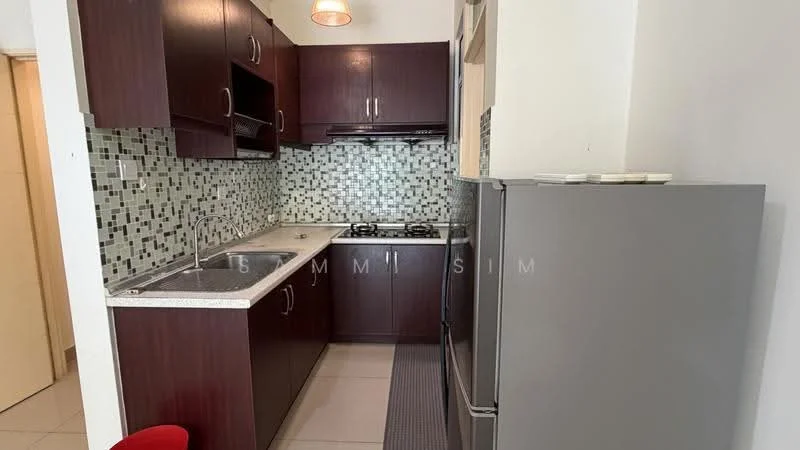 Kitchen features: dark wood cabinetry, white countertop, stainless-steel sink, chrome pull-down faucet, built-in gas hob, exhaust hood, grey fridge, mosaic tile backsplash, ceramic tile flooring, recessed ceiling light; style: modern.