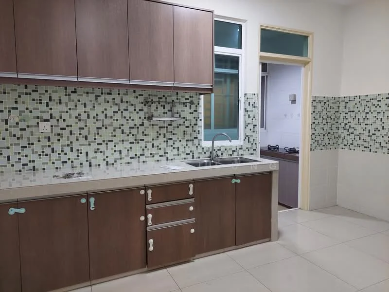 Kitchen features: brown wooden cabinetry, white countertop, single-bowl stainless-steel sink, chrome pull-down faucet, mosaic tile backsplash in green and black, ceramic tile flooring, wall-mounted kitchen cabinets, built-in stove, window for natural light; style: modern. Room features: additional kitchen area visible, white walls, ceramic tile flooring.