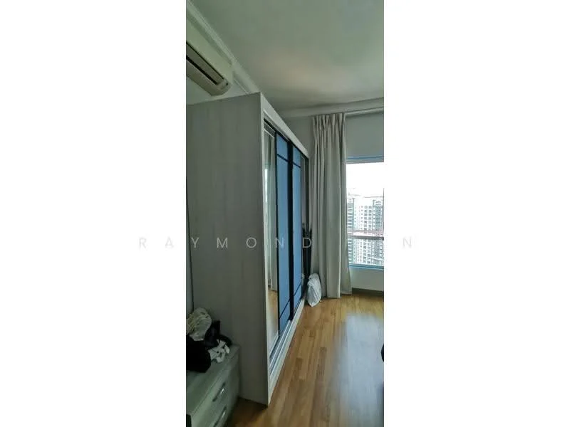 Bedroom features: wooden flooring, built-in wardrobe with sliding doors, floor-to-ceiling window, curtains, air conditioning unit, city view; style: modern; view: city.