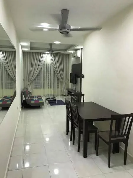 Living features: white painted walls, glossy tile flooring, 5-blade ceiling fan with light, large mirror on wall, curtains in light fabric, sofa in dark fabric, TV mounted on wall, dining table with 4 chairs, area rug, air conditioning unit; style: modern.