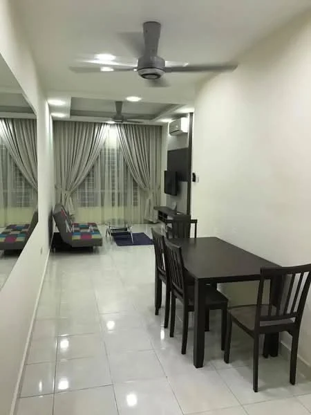 Living features: white painted walls, glossy ceramic tile flooring, 5-blade ceiling fan with light, sofa with colorful cushions, dining table with four chairs, wall-mounted TV, curtains, mirror on wall; style: modern.