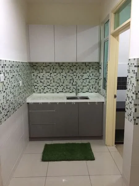 Kitchen features: white upper cabinets, grey lower cabinets, white countertop, single-bowl stainless-steel sink, chrome pull-down faucet, mosaic tile backsplash in green and grey, white tiled walls, glossy tile flooring, green area rug; style: modern.