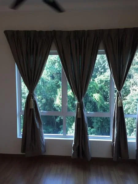 Room features: floor-to-ceiling windows, grey curtains with tiebacks, wooden flooring, greenery view outside; view: garden.