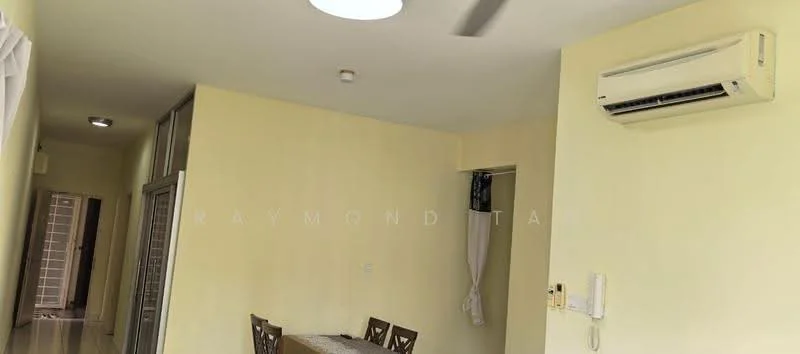 Room features: cream painted walls, ceiling with recessed lighting, 5-blade ceiling fan, wall-mounted split AC, dining table with chairs, window with sheer curtains, tile flooring; style: modern.