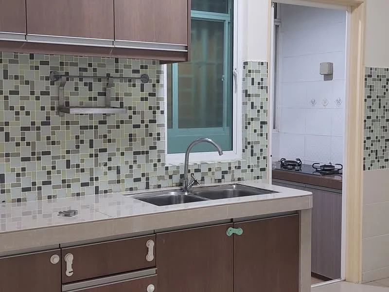 Kitchen features: double-bowl stainless-steel sink, chrome pull-down faucet, laminate countertop, mosaic tile backsplash in green and grey, dark wood cabinetry, built-in gas stove, wall-mounted shelf, window with green frame; style: modern.