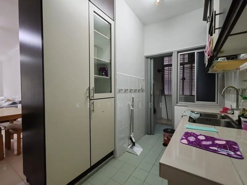 Kitchen features: light-colored cabinetry with glass-front upper cabinets, white tiled backsplash, granite countertop, stainless-steel sink, chrome pull-down faucet, built-in pantry, tile flooring, window with grid pattern, kitchen appliances visible, open layout to dining area; style: modern.