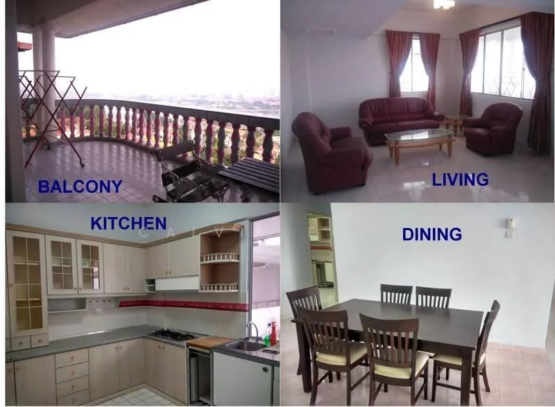 Living features: 2-seater leather sofa in maroon, 3-seater leather sofa in maroon, coffee table, curtains in maroon, ceiling light, tile flooring, wall-mounted window, city view; view: city. Kitchen features: L-shaped kitchen layout, white cabinetry with glass fronts, red tile backsplash, stainless-steel sink, built-in gas stove, oven, refrigerator, countertop space, tile flooring. Dining features: 6-seater dining table, wooden dining chairs, tile flooring, wall-mounted light, open layout to kitchen, window with city view; view: city. Balcony features: railing, outdoor seating, tile flooring, city view, clothes drying rack; view: city.