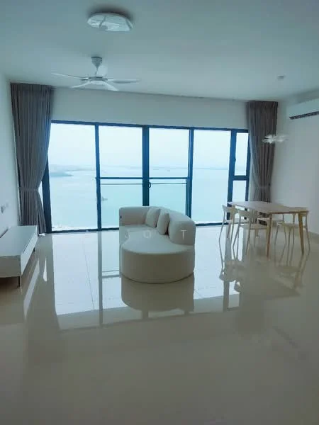 Living features: floor-to-ceiling windows, sea view, white painted walls, polished tile flooring, 5-blade ceiling fan, round white sofa, wooden dining table, 4 dining chairs, curtains, minimalist decor; style: modern; view: sea.