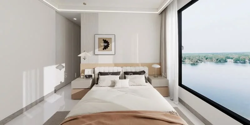 Bedroom features: king-size bed, upholstered headboard, bedside lamps, white bedding, wooden bedside tables, floor-to-ceiling window, view of water, light-colored walls, recessed lighting, sliding door, decorative artwork on wall, minimalist decor; style: modern; view: water.