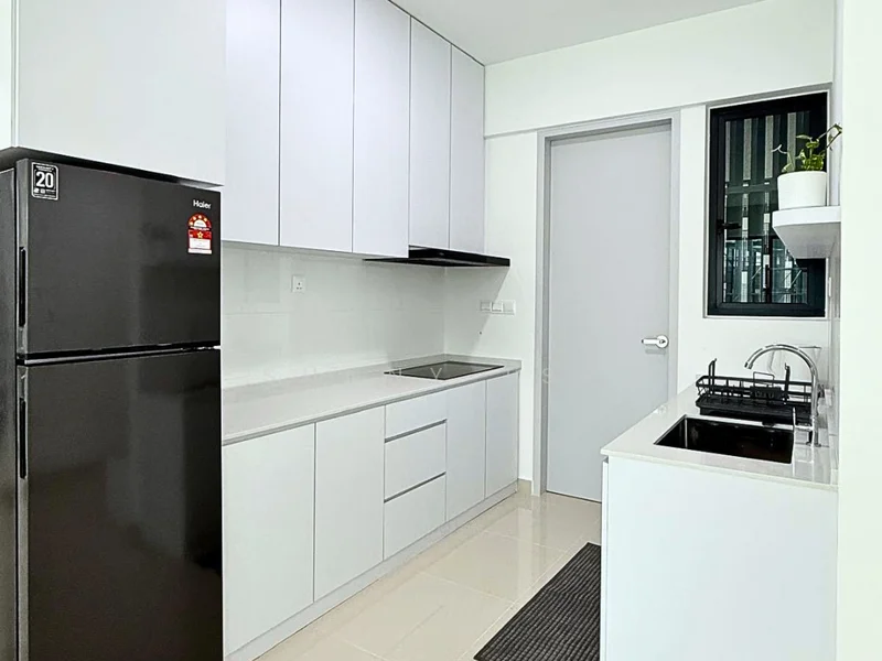 Kitchen features: white cabinetry, black refrigerator, stainless-steel sink, chrome pull-down faucet, white countertop, built-in oven, ceramic tile flooring, wall-mounted cabinets, window with plant, grey door, grey mat; style: modern.