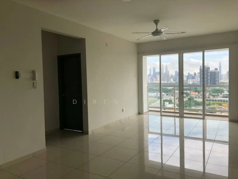 Living features: white painted walls, glossy ceramic tile flooring, 5-blade ceiling fan with light, floor-to-ceiling windows, sliding glass door, city skyline view, neutral color scheme, open layout; style: modern; view: city.