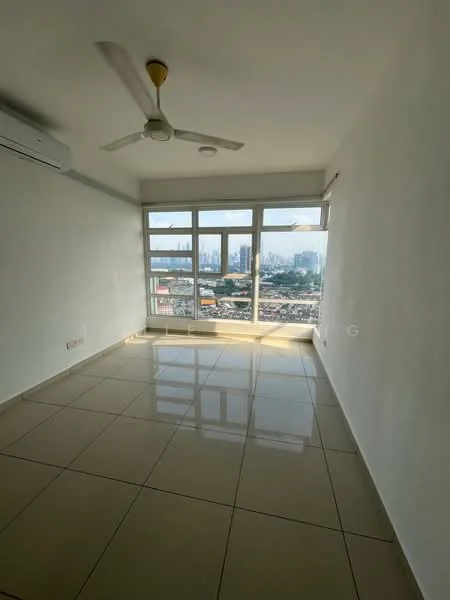 Room features: white painted walls, glossy beige tile flooring, 5-blade ceiling fan with light, floor-to-ceiling windows, city skyline view, wall-mounted split AC; style: modern; view: city.