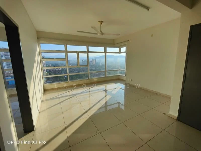 Living features: floor-to-ceiling windows, white painted walls, cream tiled flooring, 5-blade ceiling fan with light, natural light from windows, city skyline view, open layout, neutral color palette; style: modern; view: city.
