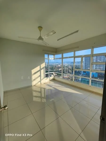 Room features: floor-to-ceiling windows, white painted walls, polished ceramic tile flooring, 5-blade ceiling fan, city view, natural light from windows, corner room layout, no visible furniture; style: modern; view: city.