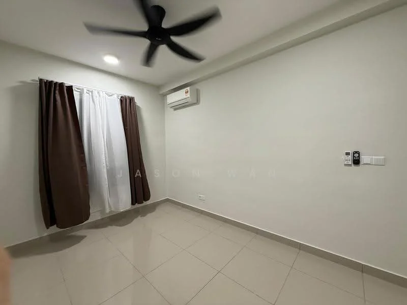 Room features: white painted walls, cream tiled flooring, 5-blade ceiling fan, wall-mounted split AC, floor-to-ceiling window with sheer curtains, brown blackout curtains, light switch panel, air conditioning remote control; style: modern.