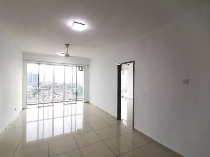 Living features: white painted walls, glossy ceramic tile flooring, 5-blade ceiling fan with light, floor-to-ceiling windows, sliding glass door, city view, recessed lighting, neutral color scheme; style: modern; view: city.
