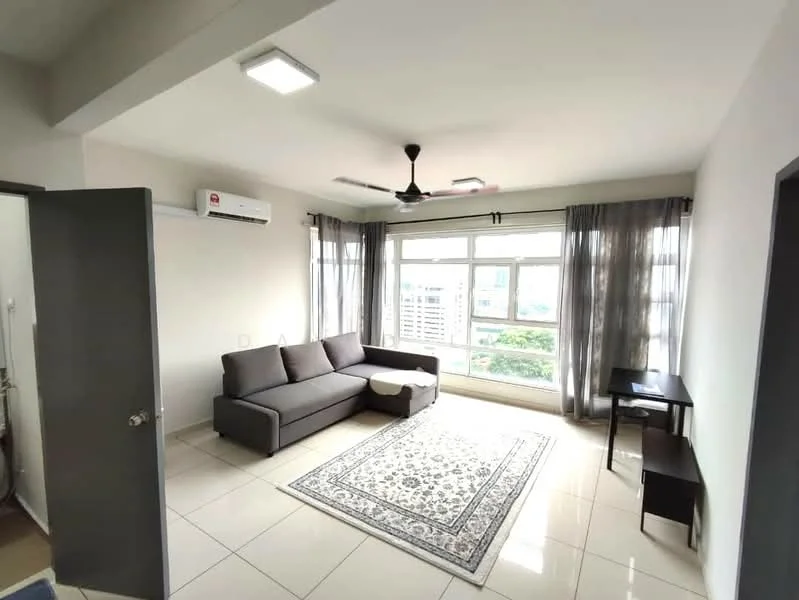 Living features: 3-seater fabric sofa in grey, coffee table, area rug with geometric pattern, floor-to-ceiling windows, sheer curtains, wall-mounted split AC, ceiling fan, tile flooring, light grey painted walls, decorative mirror, small side table; style: modern; view: city.