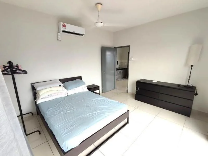 Bedroom features: queen-size bed with blue bedding, black wooden bed frame, 1 bedside table, black dresser, wall-mounted air conditioning unit, ceiling fan, white painted walls, tile flooring, hanging clothes rack, door leading to bathroom, window with natural light; style: minimalist.