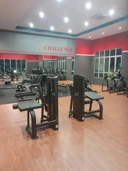 Gym features: wood laminate flooring, grey painted walls, red accent wall, large windows, various gym equipment, treadmills, weight machines, exercise mats, mirrors on walls, ceiling lights, air conditioning unit; style: modern; view: city.