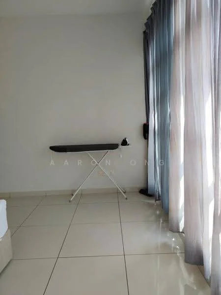 Room features: white painted walls, glossy tile flooring, floor-to-ceiling windows, sheer curtains, ironing board, lamp, neutral color scheme; style: minimalist.