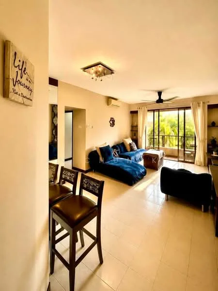 Living features: 3-seater fabric sofa in blue, 2-seater fabric sofa in black, coffee table, TV console, wall-mounted TV, ceiling fan with light, recessed downlights, floor-to-ceiling windows, sheer curtains, cream painted walls, tile flooring, decorative wall art, open layout to dining area; style: modern; view: garden.