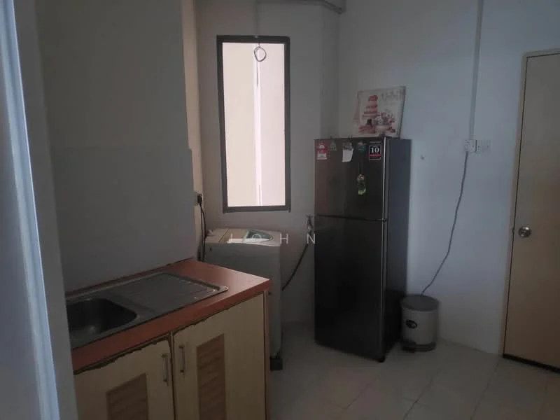 Kitchen features: single-bowl stainless-steel sink, chrome faucet, wooden cabinetry with laminate finish, countertop with laminate surface, refrigerator, washing machine, tile flooring, window for natural light.