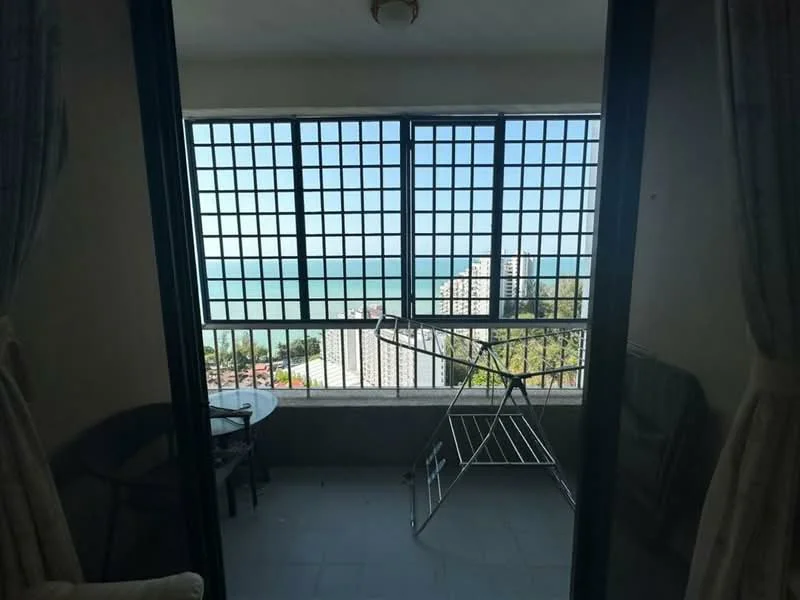 Balcony features: floor-to-ceiling windows, metal railing, sea view, tiled flooring, clothes drying rack, outdoor seating, curtains, open space; view: sea.