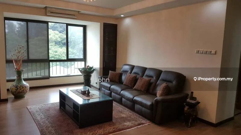 Living features: 3-seater leather sofa in dark brown, coffee table, area rug with geometric pattern, floor-to-ceiling windows, curtains, decorative vase with plants, wall-mounted shelves, light fixture with chandelier, wooden flooring, wall with neutral paint; style: modern; view: garden.