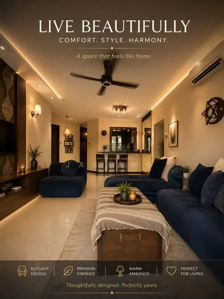 Living features: 3-seater fabric sofa in navy blue, 2-seater fabric sofa in navy blue, wooden coffee table, wall-mounted TV, TV console with storage, recessed LED downlights, ceiling fan with light, cream painted walls, marble tile flooring, decorative wall art, built-in shelving, air conditioning unit; style: modern.