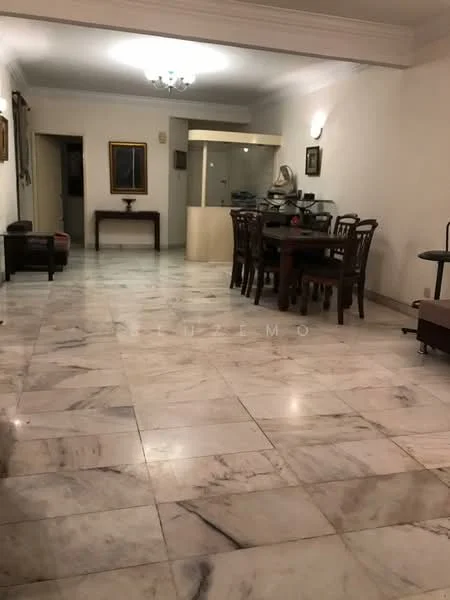 Living features: marble flooring, white painted walls, crown moulding, chandelier, dining table with chairs, side table, artwork on walls, sofa, open layout to kitchen area; style: traditional.