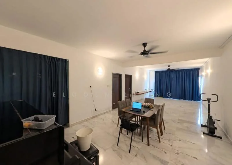 Living features: white painted walls, marble tile flooring, 5-blade ceiling fan, floor-to-ceiling windows with blue curtains, dining table with chairs, exercise bike, sofa, wall-mounted light fixtures; style: modern.