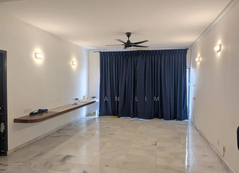 Living features: marble flooring, white painted walls, 5-blade ceiling fan, recessed wall lights, curtains in dark blue, wooden wall shelf, open space layout; style: modern.