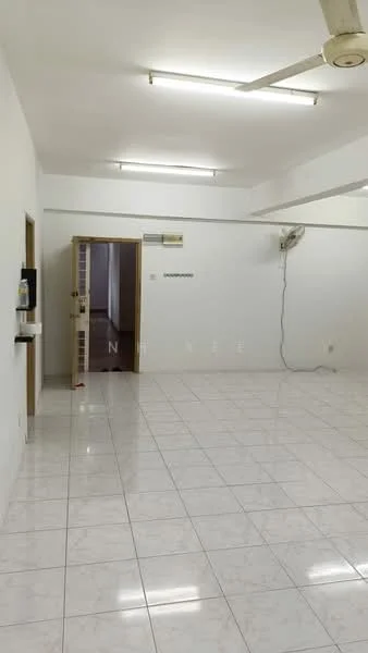Room features: white painted walls, glossy white tile flooring, ceiling with fluorescent lights, wall-mounted air conditioning unit, doorway leading to another room, light switch, power outlet, ceiling fan.