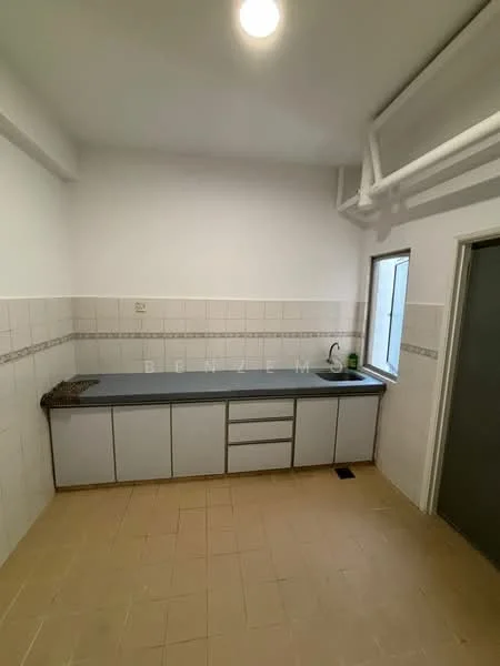 Kitchen features: grey laminate countertop, white cabinetry with drawers, single-bowl stainless-steel sink, chrome faucet, white tiled walls, cream tiled flooring, window with natural light, exposed plumbing; style: modern.