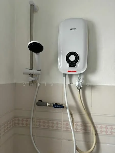 Bathroom features: white tiled walls, cream tiled flooring, shower head, handheld shower, water heater, chrome faucet, shower hose, wall-mounted shower rail; style: modern.