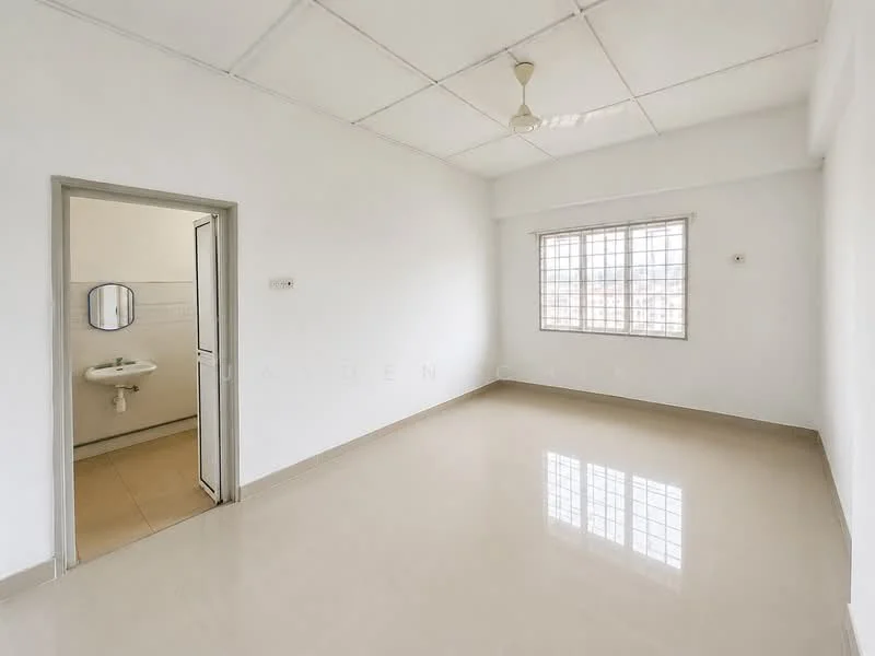 Room features: white painted walls, plain ceiling, ceiling fan, large window with grid pattern, light-colored floor tiles, doorway leading to bathroom, sink visible in bathroom, neutral decor; style: minimalist.