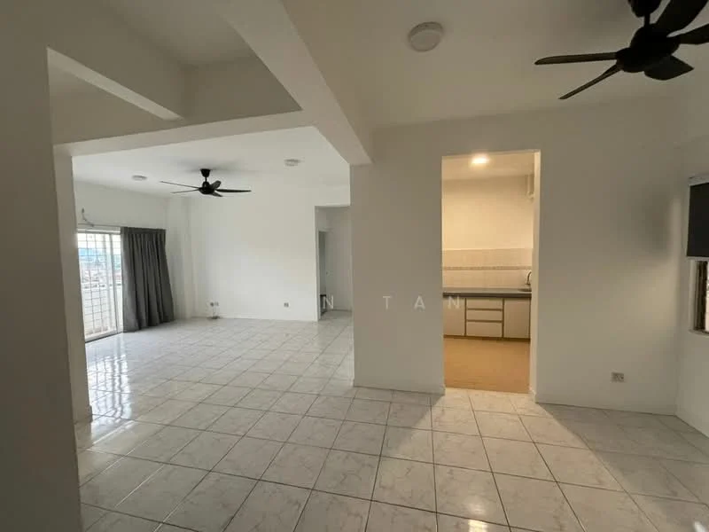 Living features: white painted walls, ceramic tile flooring, 5-blade ceiling fan, large windows with sheer curtains, open layout, natural light, neutral color scheme, access to outdoor space; style: modern; view: city. Kitchen features: white cabinetry, laminate countertop, built-in kitchen appliances, tile backsplash, open to living area; style: modern.