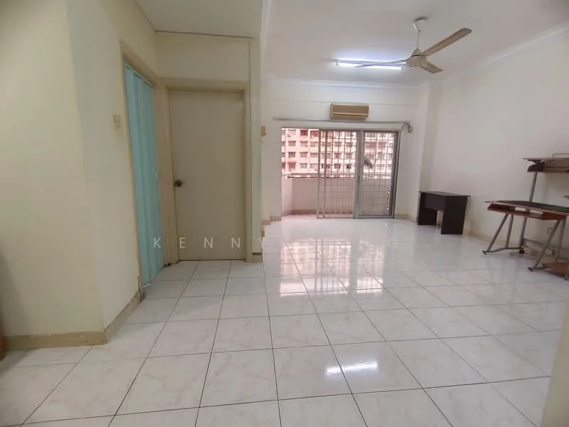 Living features: white painted walls, glossy white tile flooring, ceiling fan, sliding glass door, floor-to-ceiling windows, air conditioning unit, natural light, neutral decor, open layout, built-in shelving unit; style: modern; view: city.