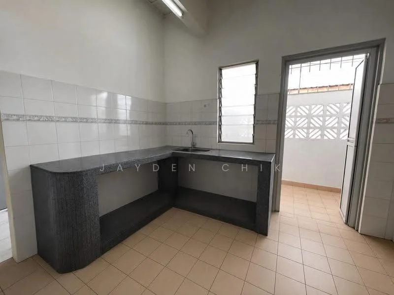 Kitchen features: grey granite countertop, single-bowl stainless-steel sink, chrome pull-down faucet, white tiled walls, cream tiled flooring, window with grid pattern, door leading to balcony, open layout, under-cabinet lighting; style: modern.