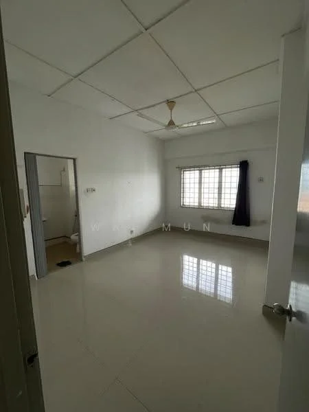Room features: white painted walls, plain ceiling, floor-to-ceiling window, sliding window with black curtains, light-colored tiled flooring, ceiling fan, door leading to bathroom, door leading to hallway; style: minimalist.