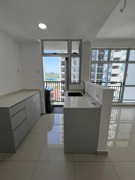 Kitchen features: white cabinets, grey countertop, single-bowl stainless-steel sink, chrome pull-down faucet, built-in stove, tile backsplash, recessed downlights, large window with city view, open layout, ceramic tile flooring, washing machine, island counter; style: modern; view: city.