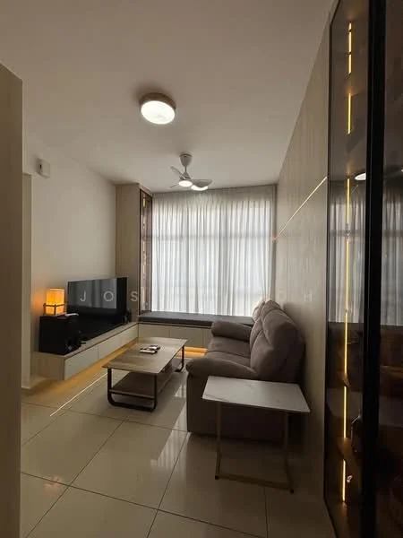 Living features: 3-seater fabric sofa in light grey, coffee table, wall-mounted TV, TV console, floor-to-ceiling windows with sheer curtains, ceiling fan, light fixture, cream painted walls, glossy tile flooring, decorative wall paneling; style: modern.