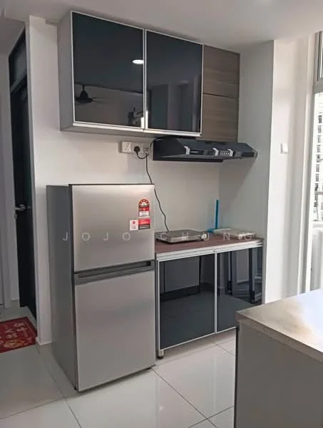 Kitchen features: stainless-steel fridge, built-in kitchen cabinets with glass doors, black countertop, stainless-steel range hood, wall-mounted kitchen shelf, white tiled backsplash, white tiled flooring, window with natural light; style: modern.