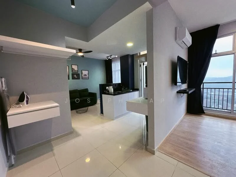 Room features: grey painted walls, white ceiling, floor-to-ceiling windows, sliding glass door, light-colored tile flooring, wood laminate flooring, 1 wall-mounted split AC, 5-blade ceiling fan, wall-mounted TV, sofa in dark green, open shelving, kitchen counter with bar seating, black cabinetry, decorative wall art; style: modern; view: city.