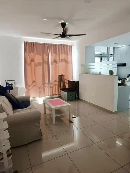 Living features: cream painted walls, white ceiling, floor-to-ceiling windows with sheer curtains, 3-seater fabric sofa in beige, coffee table with white surface, tile flooring, ceiling fan, decorative wall partition, wall-mounted TV, open layout to kitchen; style: modern. Kitchen features: white cabinetry, stainless-steel appliances, countertop with breakfast bar, open layout to living area; style: modern.