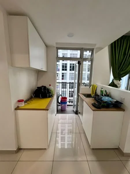 Kitchen features: white cabinetry, yellow countertop, stainless-steel sink, chrome faucet, ceramic tile flooring, window with green curtains, open space layout, built-in storage, appliances on countertop; style: modern; view: city.
